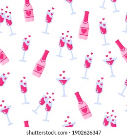 Seamless pattern of bottles of champagne and glasses for the wedding or Valentine's Day. Cartoon vector isolated design for wallpaper, wrapping paper, textile, etc.