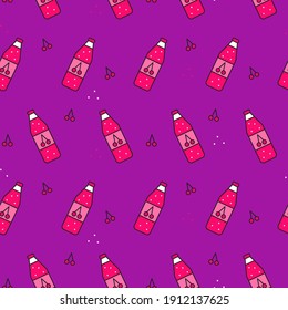 Seamless pattern with bottles of cherry juice on purple background. Design for fabric and paper, surface textures.