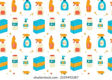 Seamless pattern with bottles of cleaning products. Vector illustration.