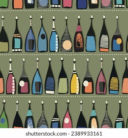 Seamless pattern with bottles in colors. Background vector template design for parties, bar, menu, print, brochures, cover, label. Editable colors graphic.