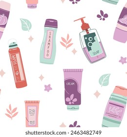 Seamless pattern with bottles of cosmetic products. Cream, lotion, serum for face and body. Personal care, hygiene. Vector flat illustration for texture, background, wallpaper, fabric