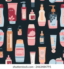 Seamless pattern with bottles of cosmetic products. Shampoo, cream, soap for face and body. Personal care, hygiene. Vector flat illustration for texture, background, wallpaper, fabric