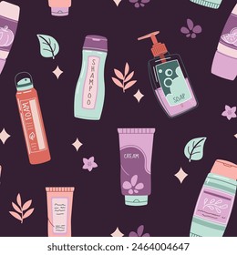 Seamless pattern with bottles of cosmetic products. Cream, lotion, serum for face and body. Personal care, hygiene. Vector flat illustration for texture, background, wallpaper, fabric