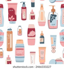 Seamless pattern with bottles of cosmetic products. Shampoo, cream, soap for face and body. Personal care, hygiene. Vector flat illustration for texture, background, wallpaper, fabric