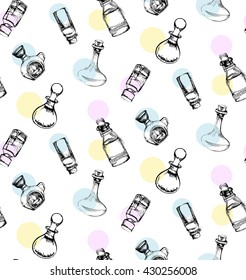 seamless pattern from bottles with essential oil for aromatherapy in the style of hand drawn