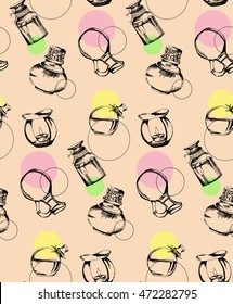 seamless pattern from bottles with essential oil for aromatherapy in the style of hand drawn on the beige background