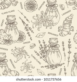 Seamless pattern with bottles with essential oils: essential oil of lavender, ginger, bergamot and ylang ylang. Cosmetic, perfumery and medical essential oils. Vector set hand drawn illustration