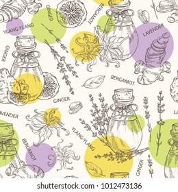 Seamless pattern with bottles with essential oils: essential oil of lavender, ginger, bergamot and ylang ylang. Cosmetic, perfumery and medical essential oils.Vector set hand drawn illustration