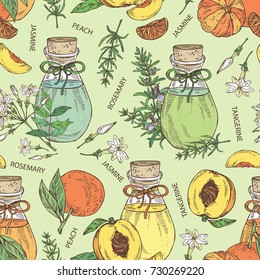 Seamless pattern with bottles with essential oils: essential oil of jasmine, peach, tangerine and rosemary. Cosmetic, perfumery and medical essential oils.Vector set hand drawn illustration.
