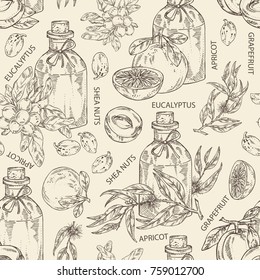 Seamless pattern with a bottles with essential oils: essential oil of shea nuts, grapefruit, apricot and eucalyptus. Cosmetic, perfumery and medical essential oils.Vector set hand drawn illustration.