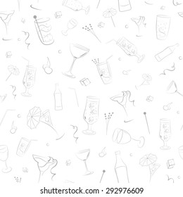 Seamless pattern of bottles, glasses and other items associated with alcohol