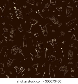 Seamless pattern of bottles, glasses and other items associated with alcohol