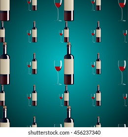 Seamless pattern of bottles and glasses with red wine. Vector EPS 10.