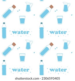 Patrón sin foco con botellas y gafas, decanteros de agua. vector.