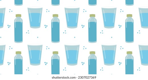 Seamless pattern with bottles and glasses of water. Drink more water. healthy lifestyle