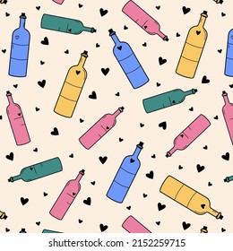 Seamless pattern of bottles and hearts. Ideal for wine festival, wrapping paper, textile. Vector illustration