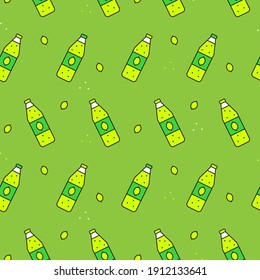 Patrón sin foco con botellas de limonada sobre fondo verde. Diseño para tela y papel, texturas superficiales.