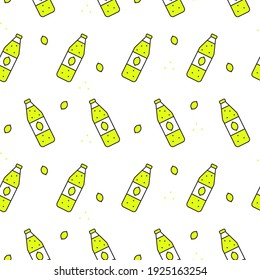 Seamless pattern with bottles of lemonade on white background. Design for fabric and paper, surface textures.