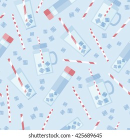 Seamless pattern with bottles, mason jars, cups, straws and ice cubes. Vector illustration. 