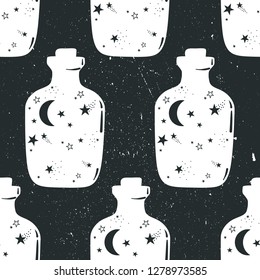 Seamless pattern with bottles, moon, stars. Good night, black and white backdrop design. Decorative cute wallpaper, good for printing. Overlapping background vector