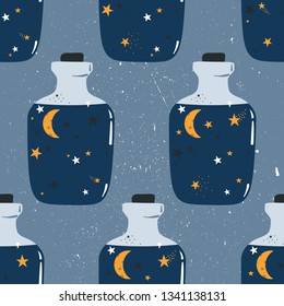 Seamless pattern with bottles, moon, stars. Good night, colorful backdrop design. Decorative cute wallpaper, good for printing. Overlapping background vector
