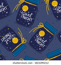 Seamless pattern with bottles, moon, stars and lettering. Colorful cute background vector. Good night. Backdrop with english text