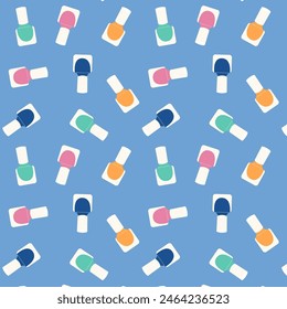 Patrón sin costuras con botellas de esmaltes de uñas de diferentes colores. 