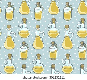 Seamless pattern with bottles. Natural oil. Vector illustration.