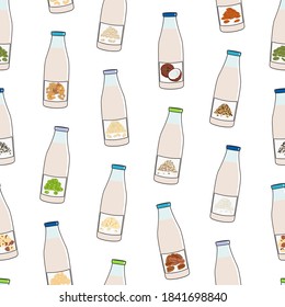 Seamless pattern of bottles with plant-based milk. Vegan milk in glass bottles. Almond, soy, rice, coconut, cashew, oat, flax, walnut, pea milk. Milk alternatives. Hand drawn vector illustration.