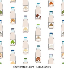 Seamless pattern of bottles with plant-based milk. Vegan milk in glass bottles. Almond, soy, rice, coconut, cashew, oat, flax, walnut, pea milk. Milk alternatives. Hand drawn vector illustration.