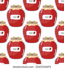 Seamless pattern with bottles of red strawberry jam. Fun print with homemade fruit jelly.