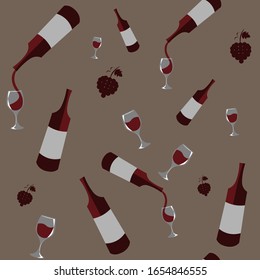 seamless pattern with bottles of red wine pouring into glasses