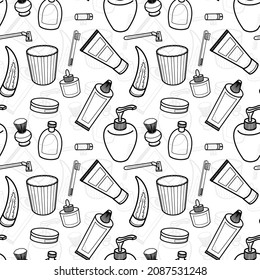Seamless Pattern with bottles of shampoo, shower gel, cream, paste, toothbrush, soap and perfume