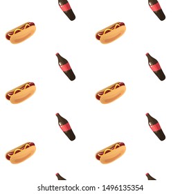 Seamless pattern with bottles of soda and hot dogs. Flat style vector illustration on white background.