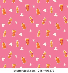 Seamless pattern with bottles of sunscreen on a pink background.