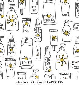Seamless pattern with bottles with sunscreen. Print for textile, wallpaper, covers, surface. For fashion fabric. Retro stylization. Summer pattern