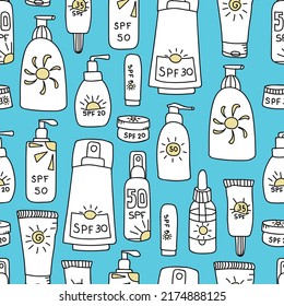 Seamless pattern with bottles with sunscreen. Print for textile, wallpaper, covers, surface. For fashion fabric. Retro stylization. Summer pattern