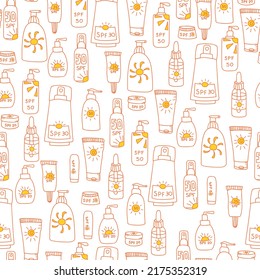Seamless pattern with bottles with sunscreen. Print for textile, wallpaper, covers, surface. For fashion fabric. Retro stylization. Summer pattern