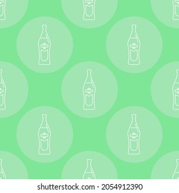 Seamless pattern of bottles of vermouth in flat style in form of thin lines. In the form of background is circle of color drinks. Isolated object design beverage. Simple icon for restaurant, party.