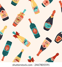 Seamless pattern with bottles of white and red sparkling wine, champagne and prosecco. Wine products, luxury bottles with alcoholic drinks. Beverage and tasty liquid. Cartoon flat vector collection