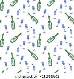Patrón inmaculado con botellas de vino y vasos con alcohol. Ilustración vectorial en un estilo plano minimalista, bodega. Impresión para textiles, diseño de impresión, postales.