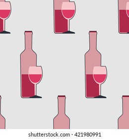 Seamless pattern with bottles of wine and glasses. Vector illustration.