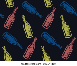 Seamless pattern. Bottles of wine hand-drawn. Vector graphics.