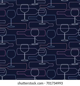 Seamless pattern with bottles of wine and wineglasses on dark background. Vector illustration.