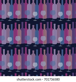 Seamless pattern with bottles of wine and wineglasses on dark background. Vector illustration.