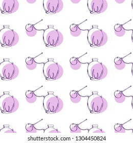 Seamless pattern with bottles of woman's perfume. The contour is colorful. Endless textures for clothing design, packaging, fabrics, prints, scrabbooking, blog design and gifts.
