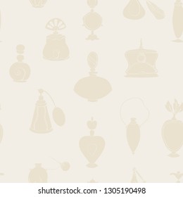 Seamless pattern with bottles of woman's perfume. The contour is colorful. Endless textures for clothing design, packaging, fabrics, prints, scrabbooking, blog design and gifts.