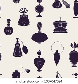 Seamless pattern with bottles of woman's perfume. The contour is monochrome. Endless textures for clothing design, packaging, fabrics, prints, scrapbooking, blog design and gifts.