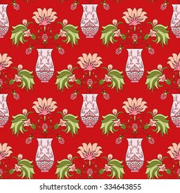 Seamless pattern bouquet abstract  colorful spring flowers in vase doodle style