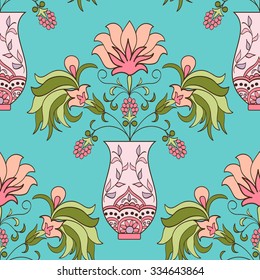 Seamless pattern bouquet abstract  colorful spring flowers in vase doodle style